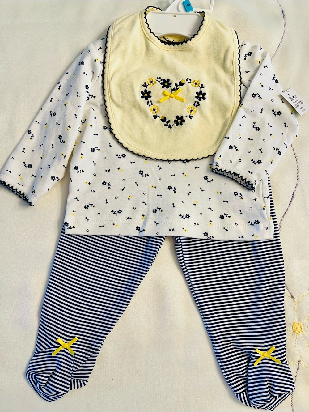 Baby Floral Bib & Stripe Footed Set - Yellow, Navy